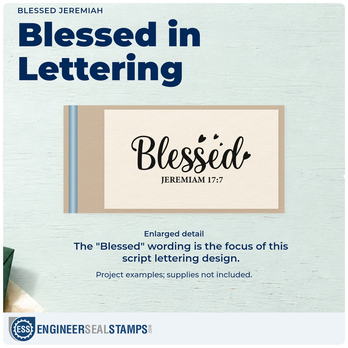 Enlarged detail of the Blessed Jeremiah With Hearts Rubber Stamp – Duo Hand imprint. Large "Blessed" script with a heart accent appears above Jeremiah 17:7.