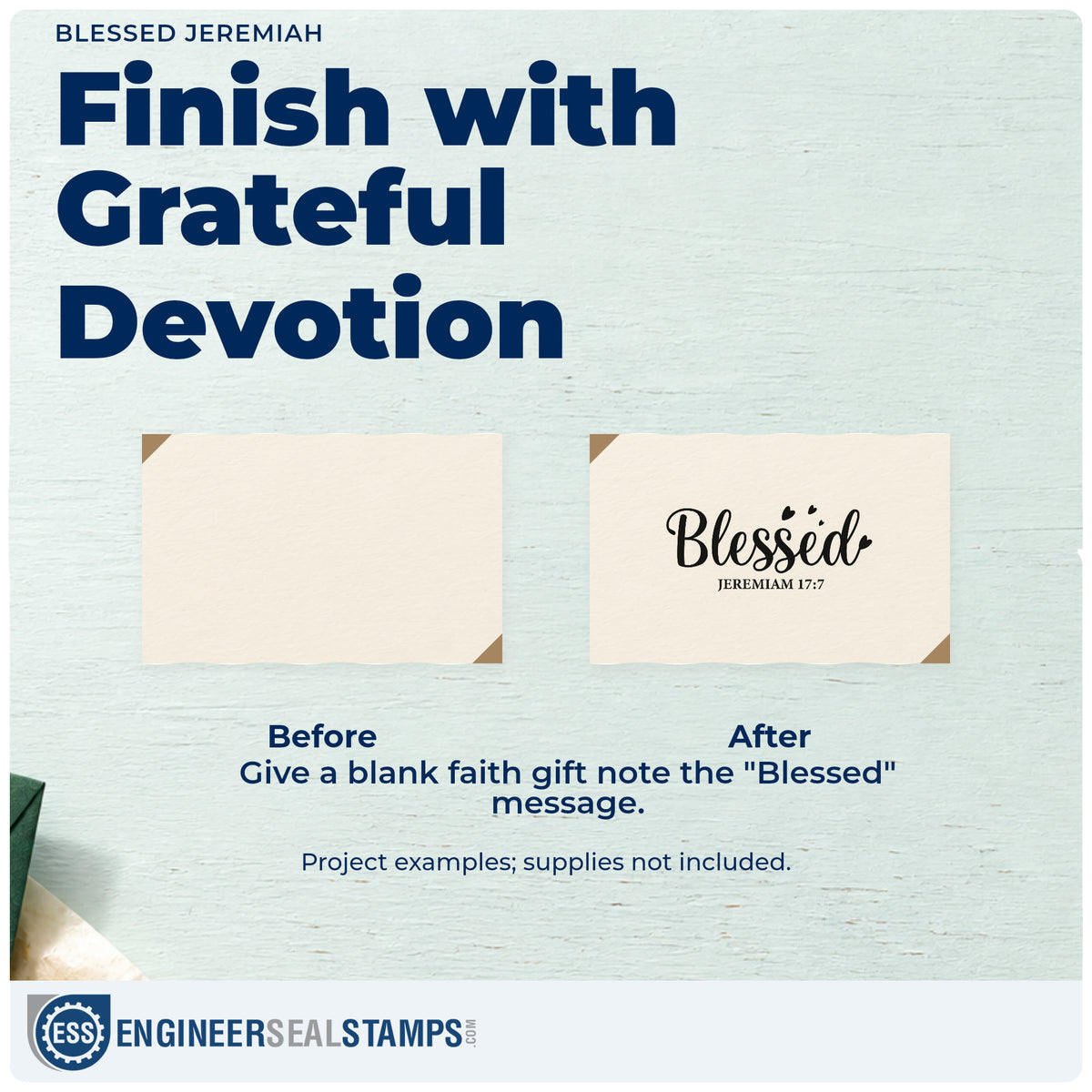 Before and after of a plain item finished with the Blessed Jeremiah With Hearts Self-Inking Craft Stamp, a quick upgrade for baby shower favors.