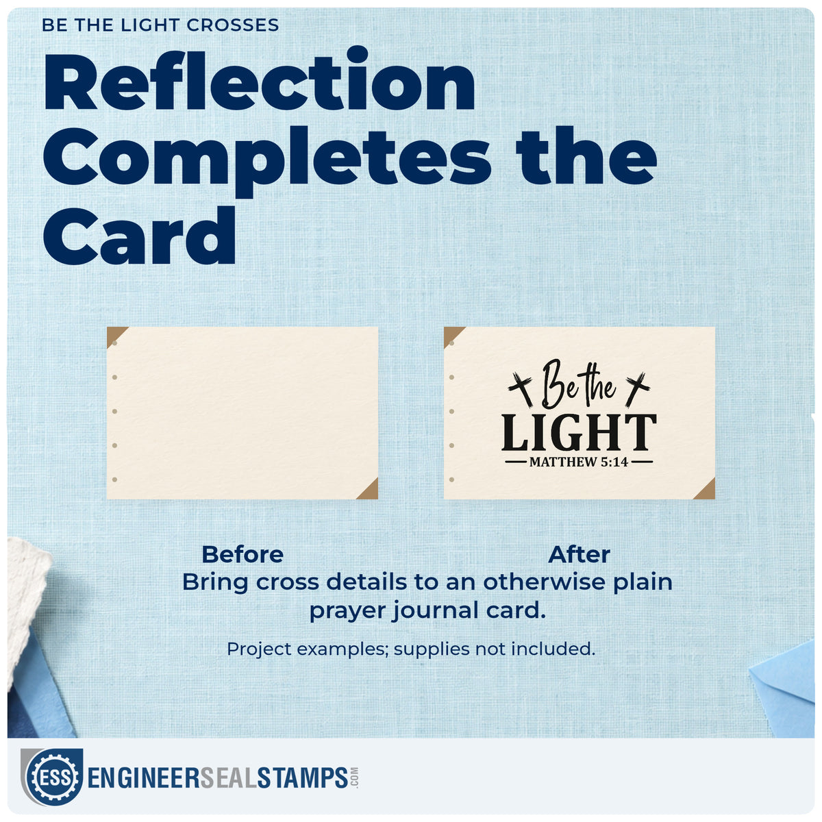 Before and after of a plain item finished with the Be The Light Crosses Hand Stamp – Duo, a quick upgrade for christmas eve favors.