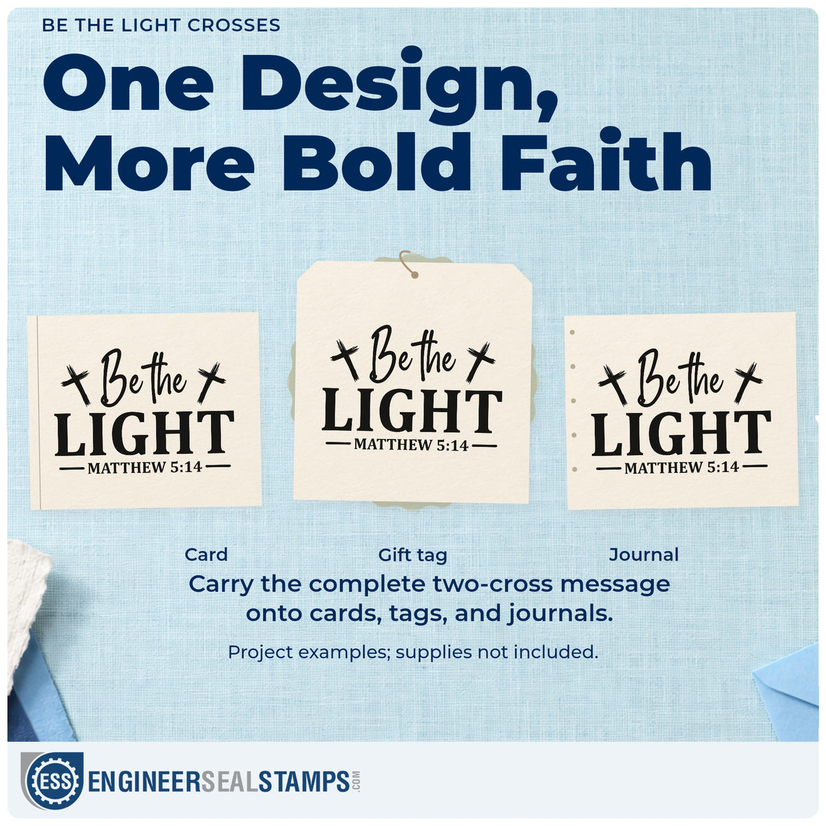 Three project examples made with the Be The Light Crosses PSI Pre-Inked Stamp, including service pages.