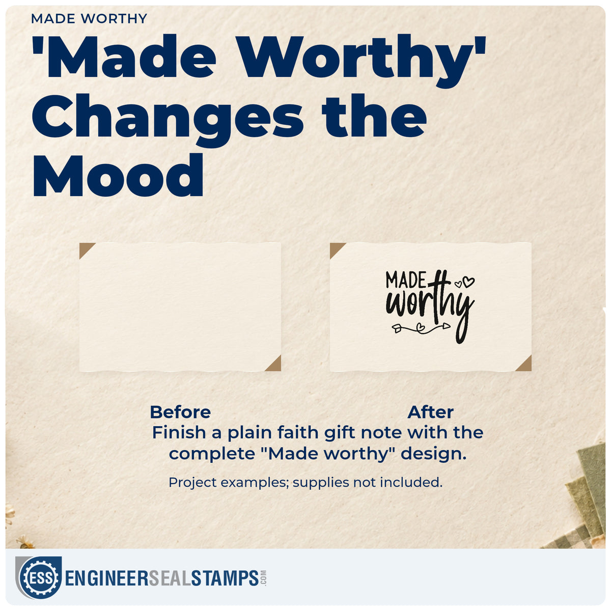 Before and after of a plain item finished with the Made Worthy With Cross Stamp - Premium Vintage Pro Wooden, a quick upgrade for youth retreat favors.