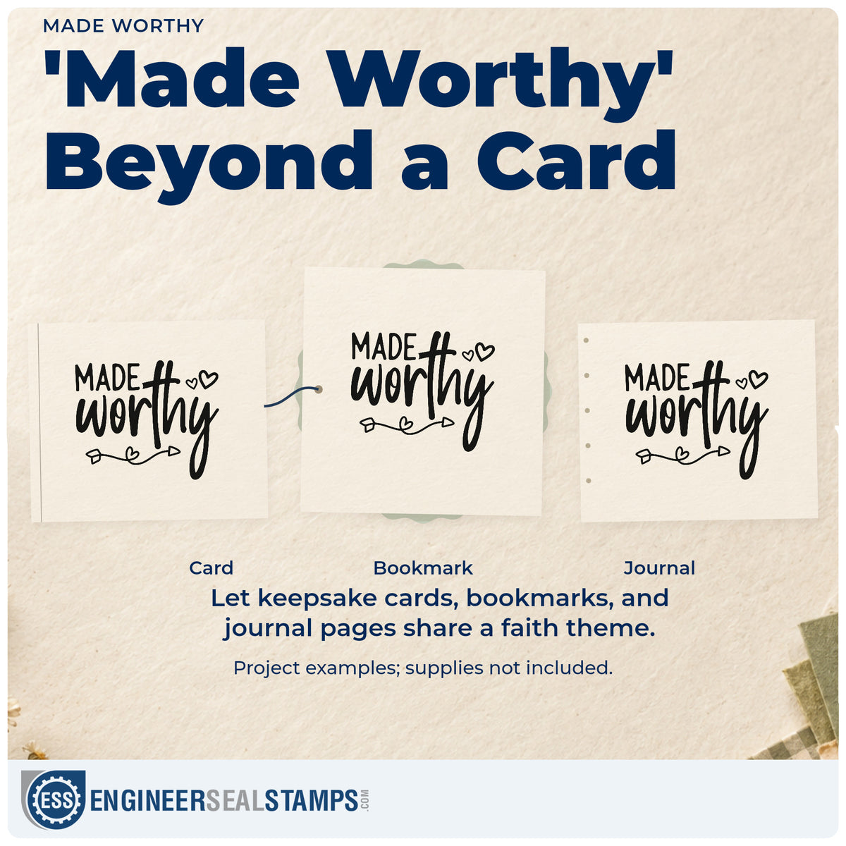Three project examples made with the Self-Inking Made Worthy With Cross Stamp, including identity pages.