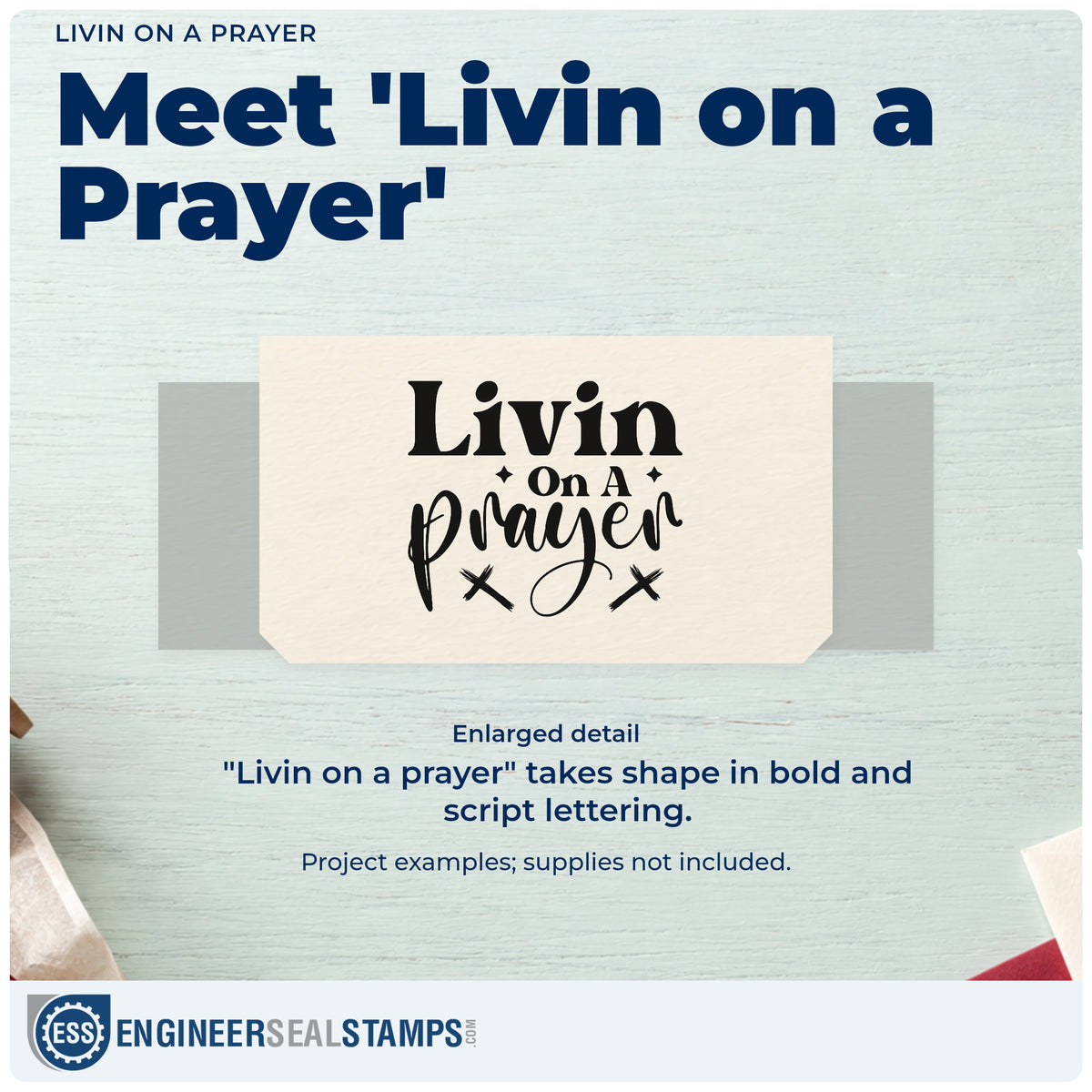 Enlarged detail of the Vintage Pro Livin On A Prayer Premium Wooden Stamp imprint. Bold and script lettering reads "Livin on a prayer," accented by two crosses and sparkles.