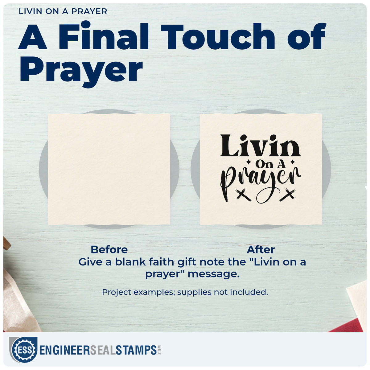 Before and after of a plain item finished with the Livin On A Prayer Stamp – Self-Inking, a quick upgrade for karaoke night invites.