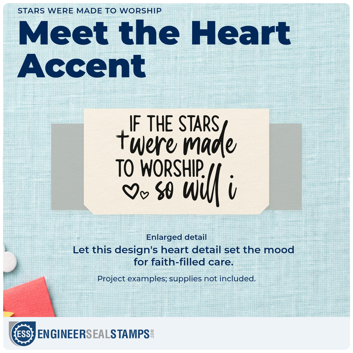 Enlarged detail of the Stars Were Made To Worship Wood Handle Stamp imprint. Hearts accompany "If the stars were made to worship, so will I" in mixed lettering.