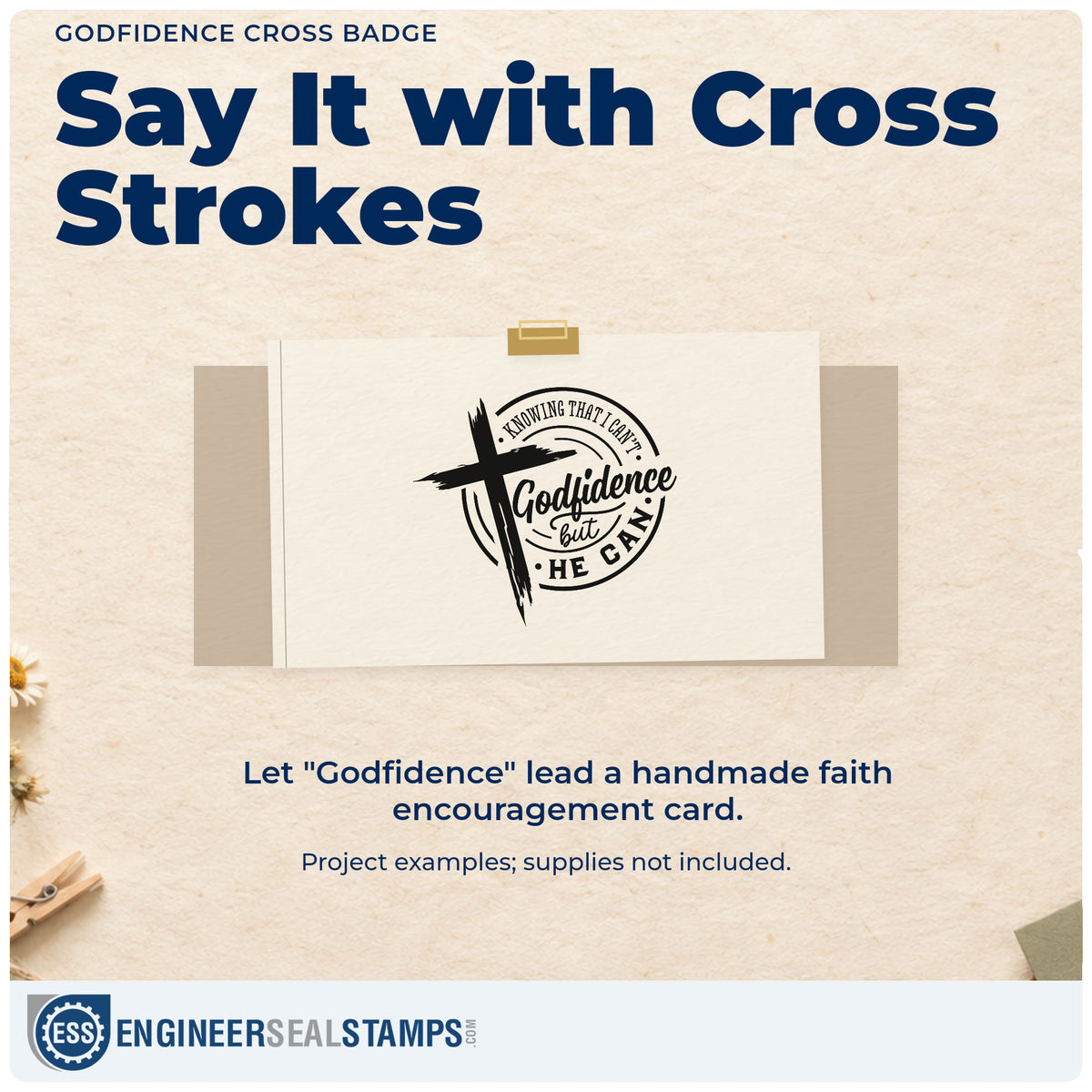 A finished handmade project stamped with the Godfidence Cross Badge Rubber Stamp – Wood Handle, ideal for round label seals.
