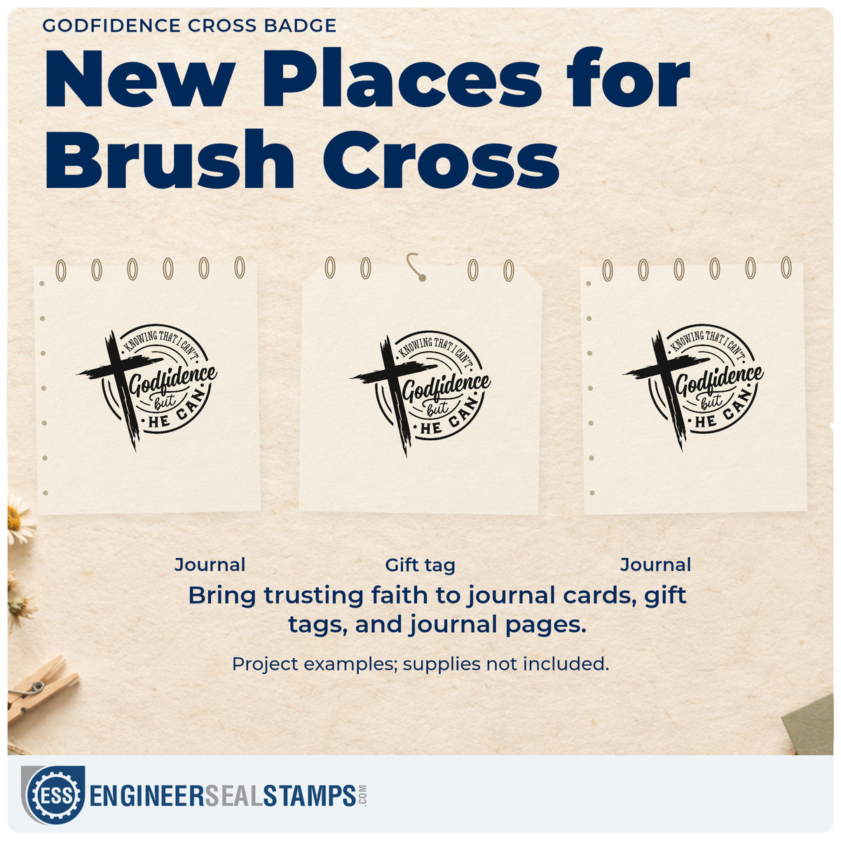 Three project examples made with the Godfidence Cross Badge Hand Stamp – Duo, including challenge pages.