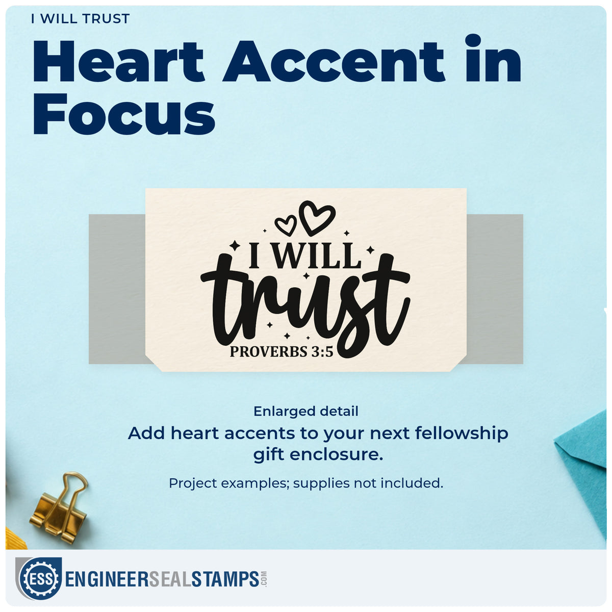 Enlarged detail of the I Will Trust With Hearts Rubber Stamp – Duo Hand imprint. Hearts and sparkles accent "I will trust," with Proverbs 3:5 below.
