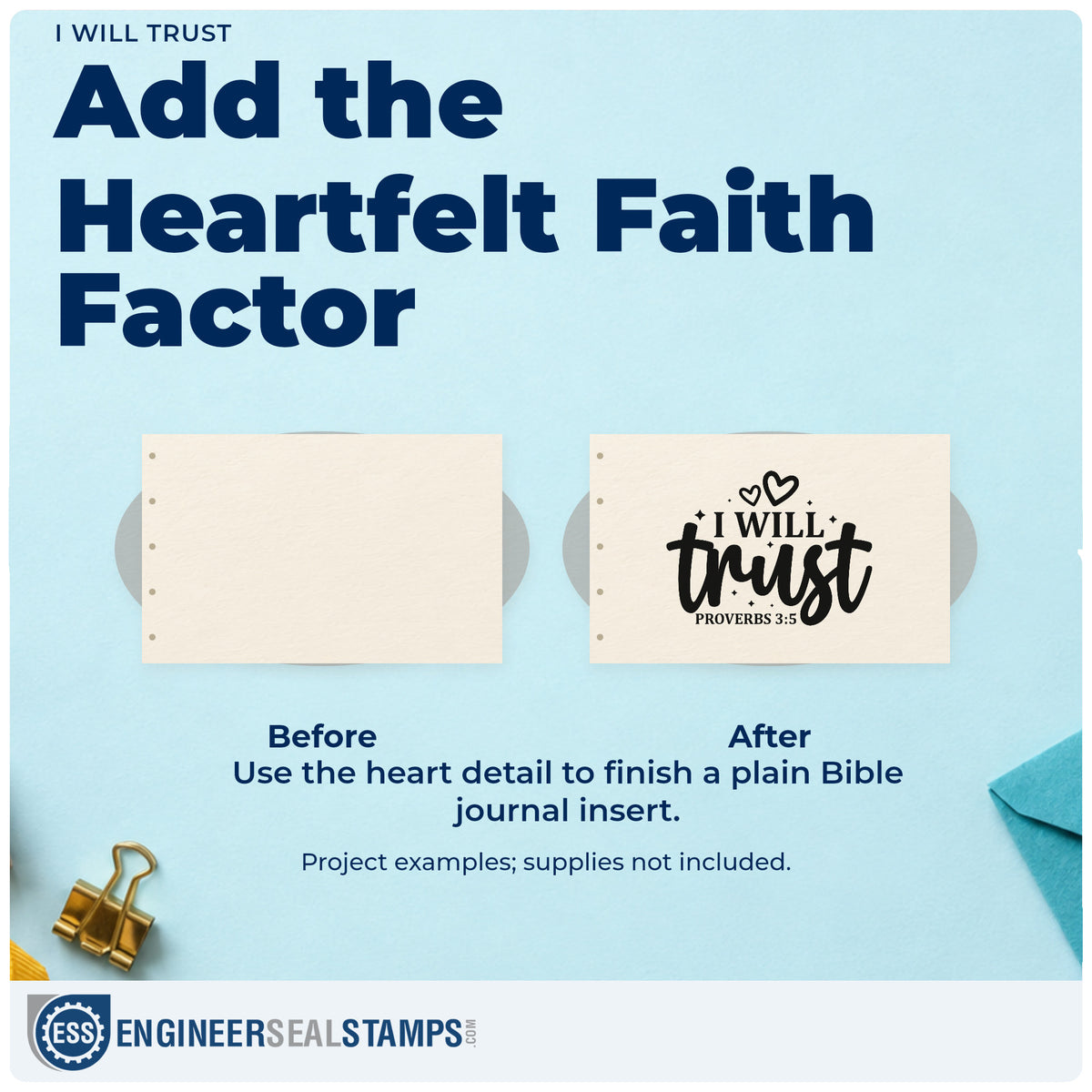 Before and after of a plain item finished with the I Will Trust With Hearts Slim Pre-Inked Stamp, a quick upgrade for bookmark crafts.