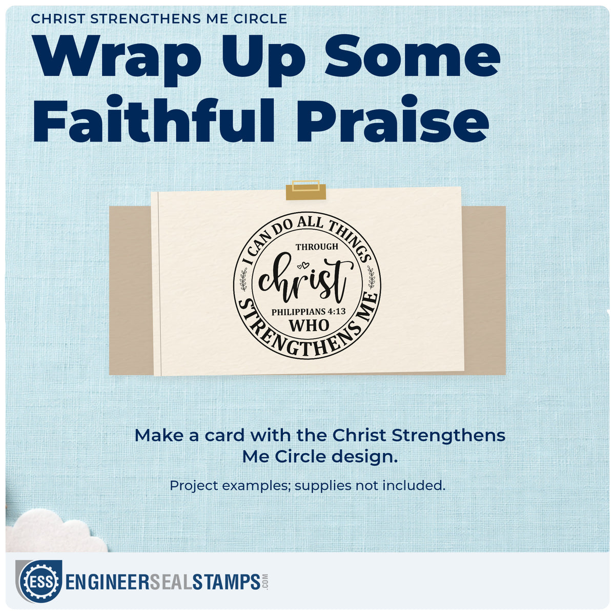 A finished handmade project stamped with the Christ Strengthens Me Circle Rubber Stamp – Wood Handle, ideal for medal ribbon tags.