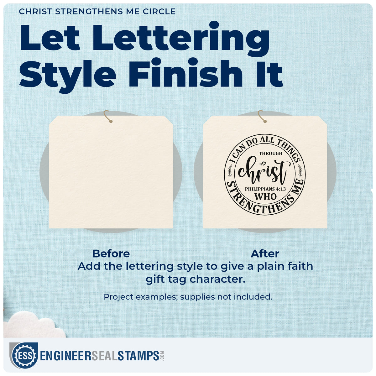 Before and after of a plain item finished with the Christ Strengthens Me Circle Rubber Stamp – Wood Handle, a quick upgrade for team tees.