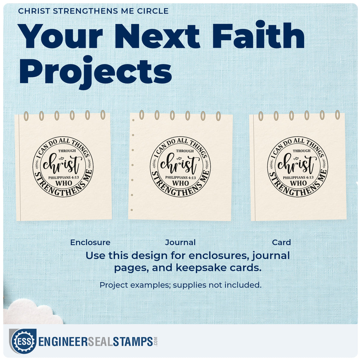 Three project examples made with the Christ Strengthens Me Circle Premium Wooden Stamp - Vintage Pro, including race day pages.