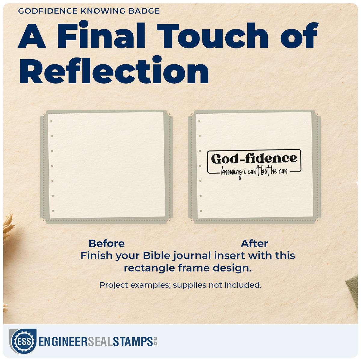 Before and after of a plain item finished with the Godfidence Knowing Emblem Rubber Stamp – Duo Hand, a quick upgrade for speech day notes.