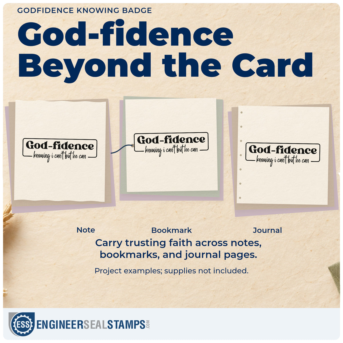 Three project examples made with the Godfidence Knowing Emblem Compact Pre-Inked Stamp – Slim, including brave pages.