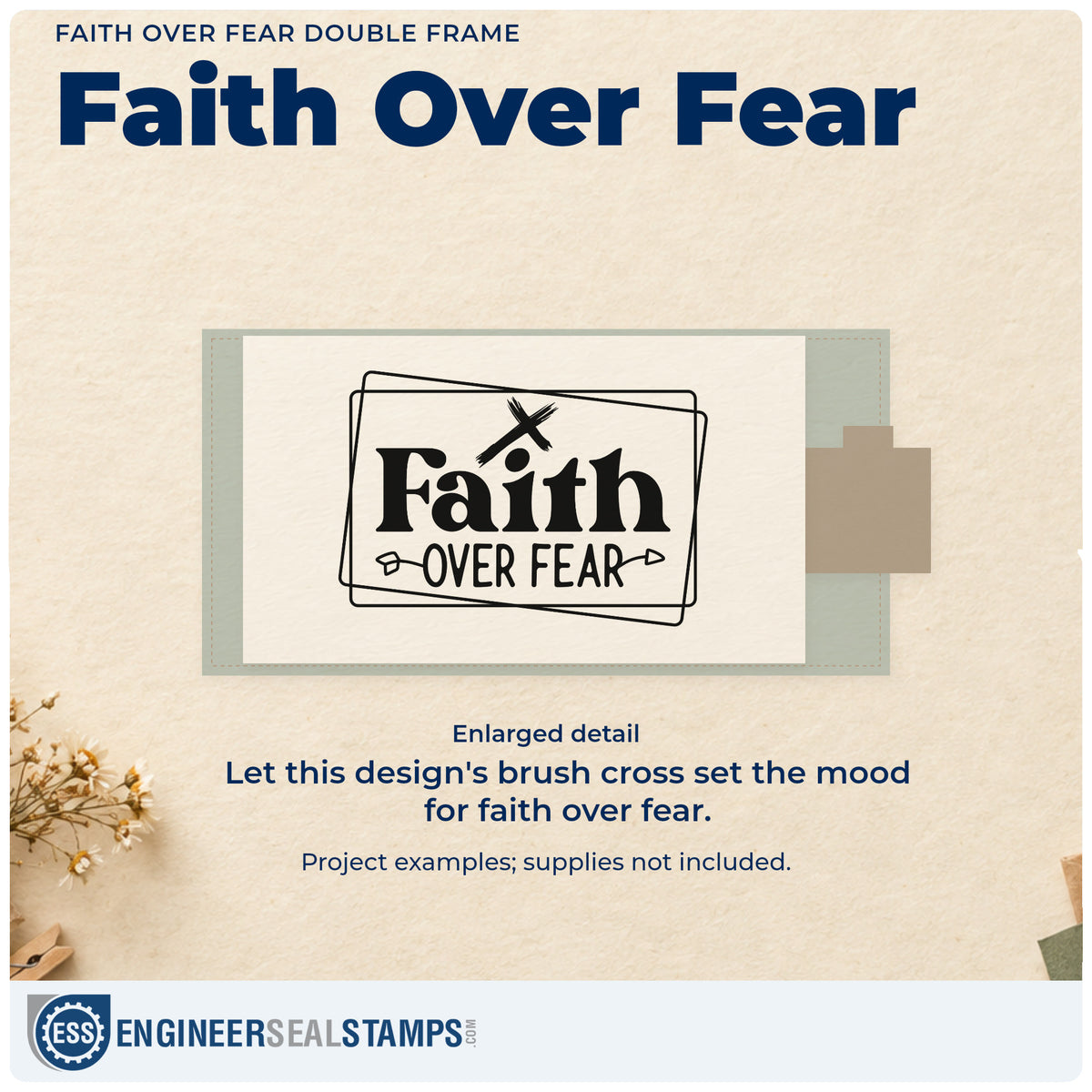 Enlarged detail of the Faith Over Fear Double Frame Stamp – Self-Inking imprint. A tilted brushstroke cross tops "Faith over fear" within overlapping rectangular frames.