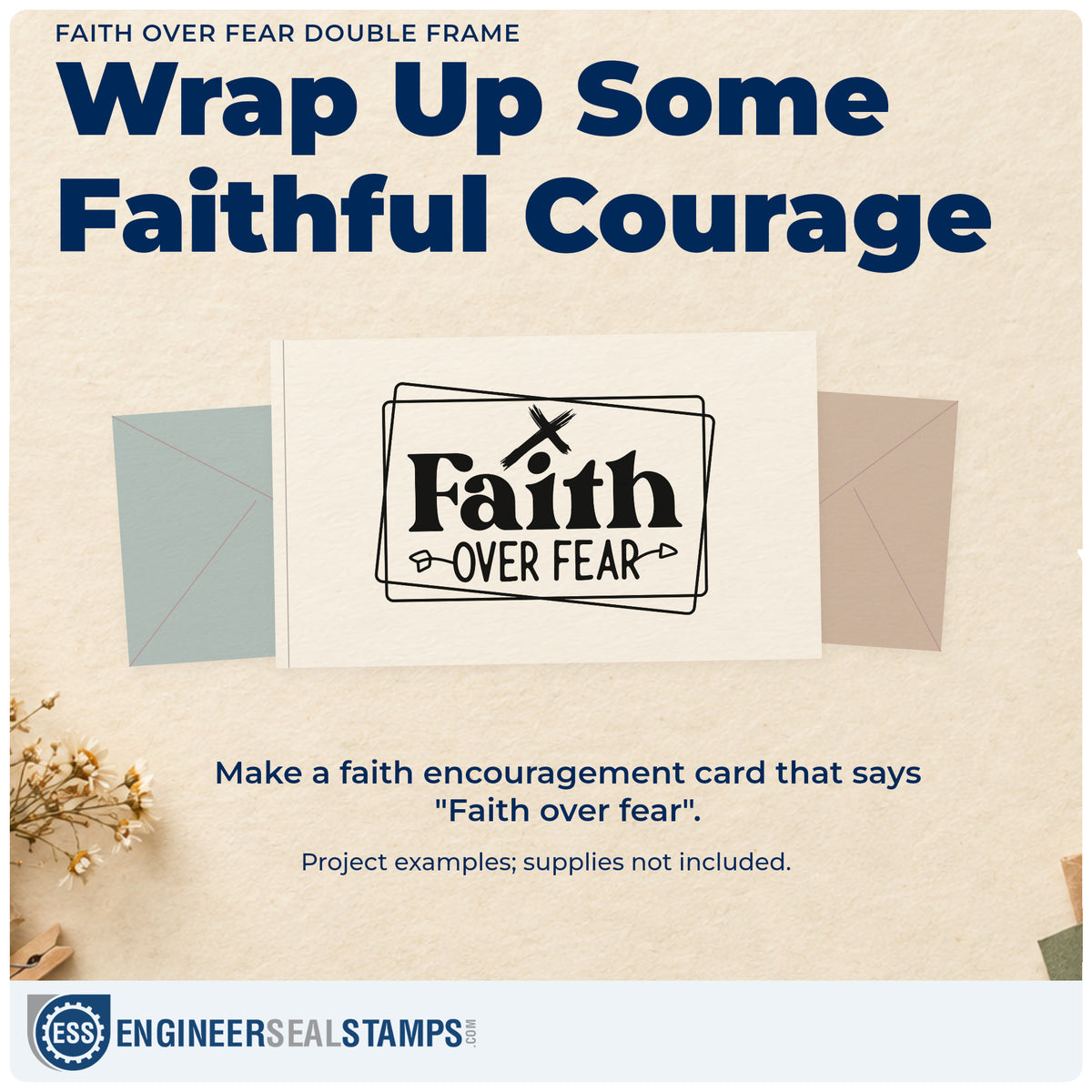 A finished handmade project stamped with the Faith Over Fear Double Frame Slim Pre-Inked Stamp, ideal for chemo kit tags.