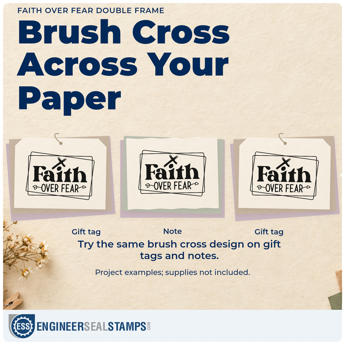 Three project examples made with the Faith Over Fear Double Frame Slim Pre-Inked Stamp, including brave pages.