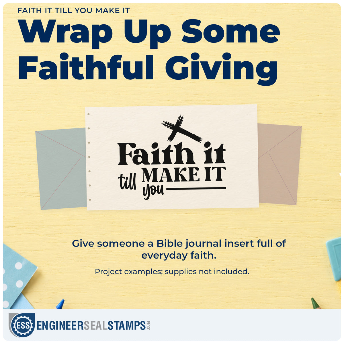 A finished handmade project stamped with the Faith It Till You Make It Brushstroke Cross Wood Handle Stamp, ideal for new job gifts.
