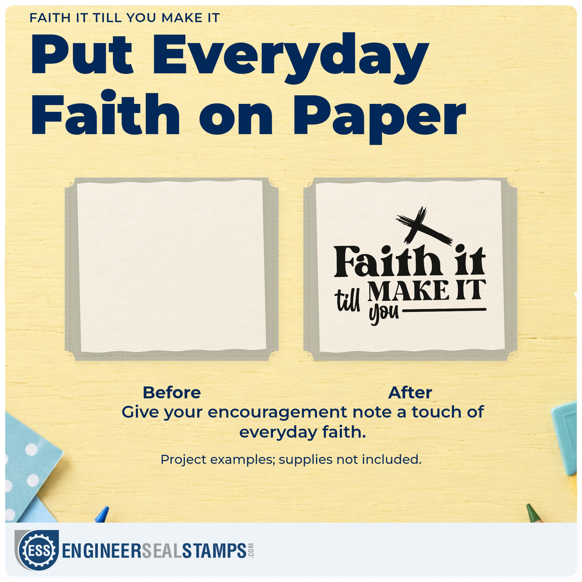 Before and after of a plain item finished with the Faith It Till You Make It Brushstroke Cross Wood Handle Stamp, a quick upgrade for nursing student gifts.