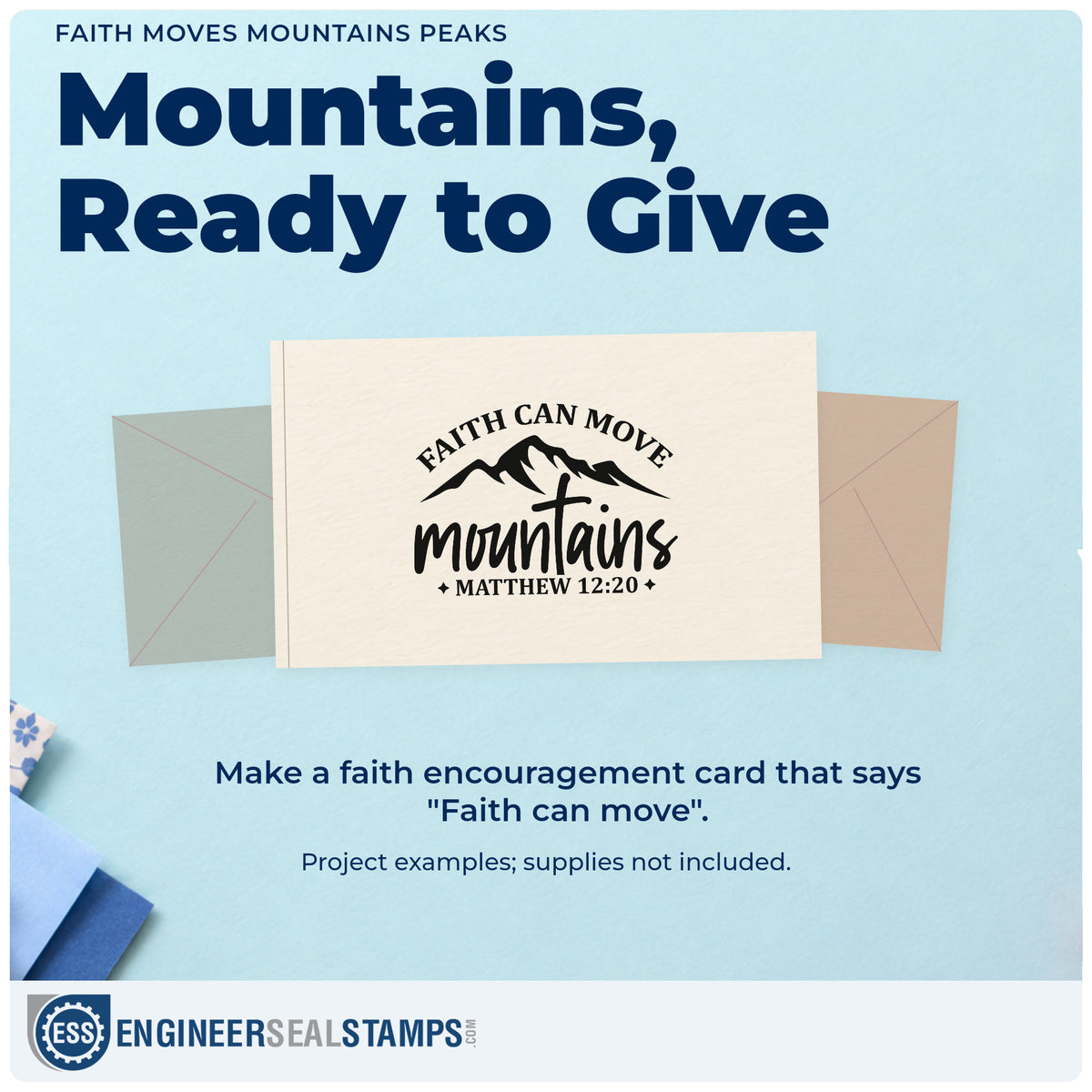 A finished handmade project stamped with the Faith Moves Mountains Peaks Self-Inking Stamp, ideal for church camp tees.