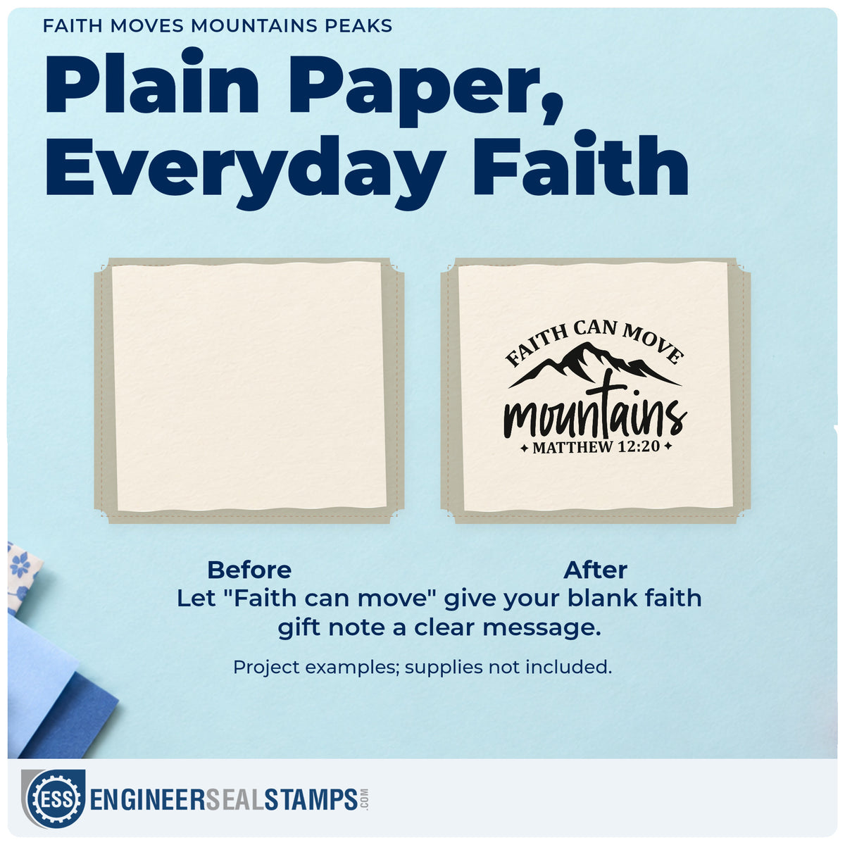 Before and after of a plain item finished with the Faith Moves Mountains Peaks Self-Inking Stamp, a quick upgrade for cabin guest books.