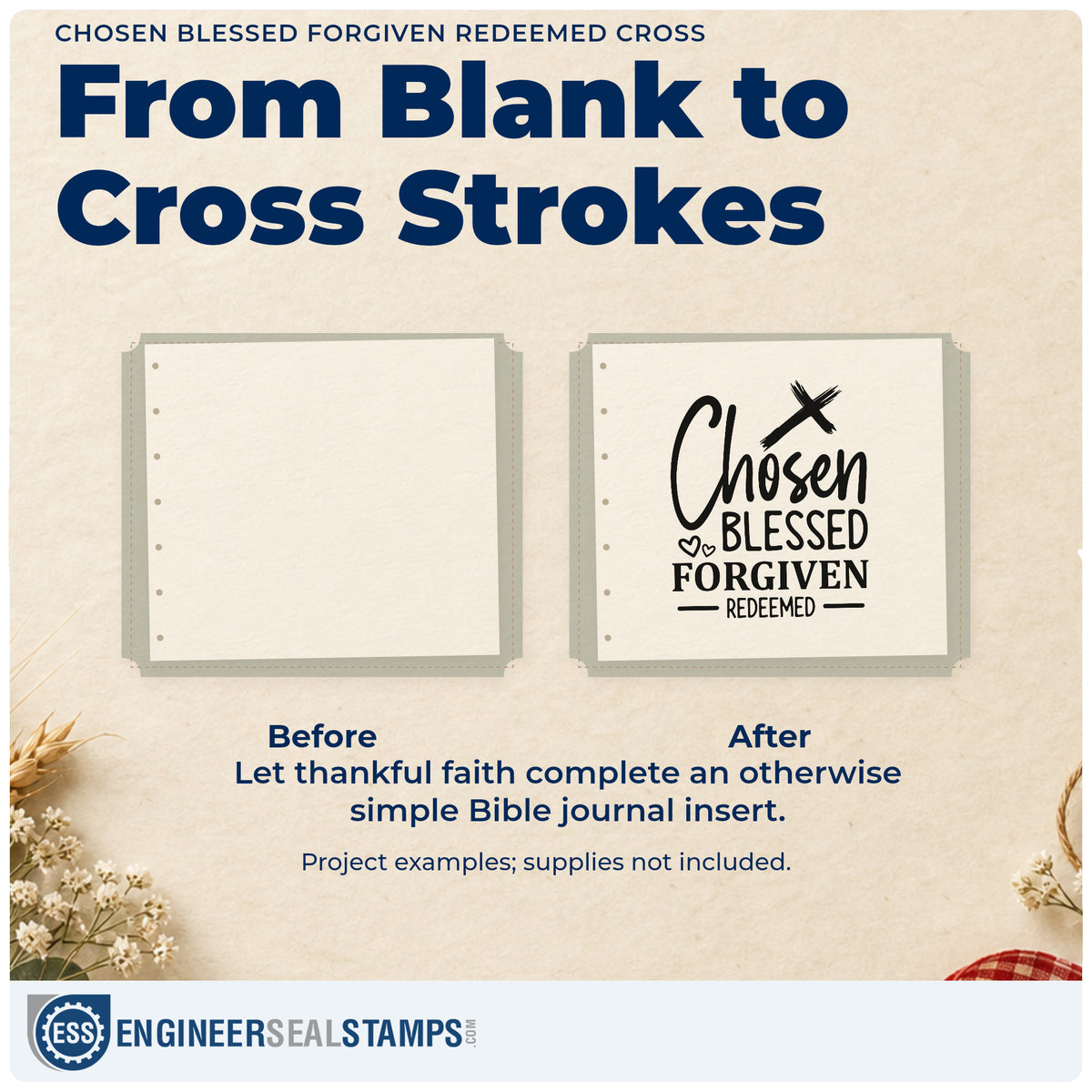 Before and after of a plain item finished with the Chosen, Blessed, Forgiven, Redeemed Brushstroke Cross Premium Wooden Stamp - Vintage Pro, a quick upgrade for recovery milestones.