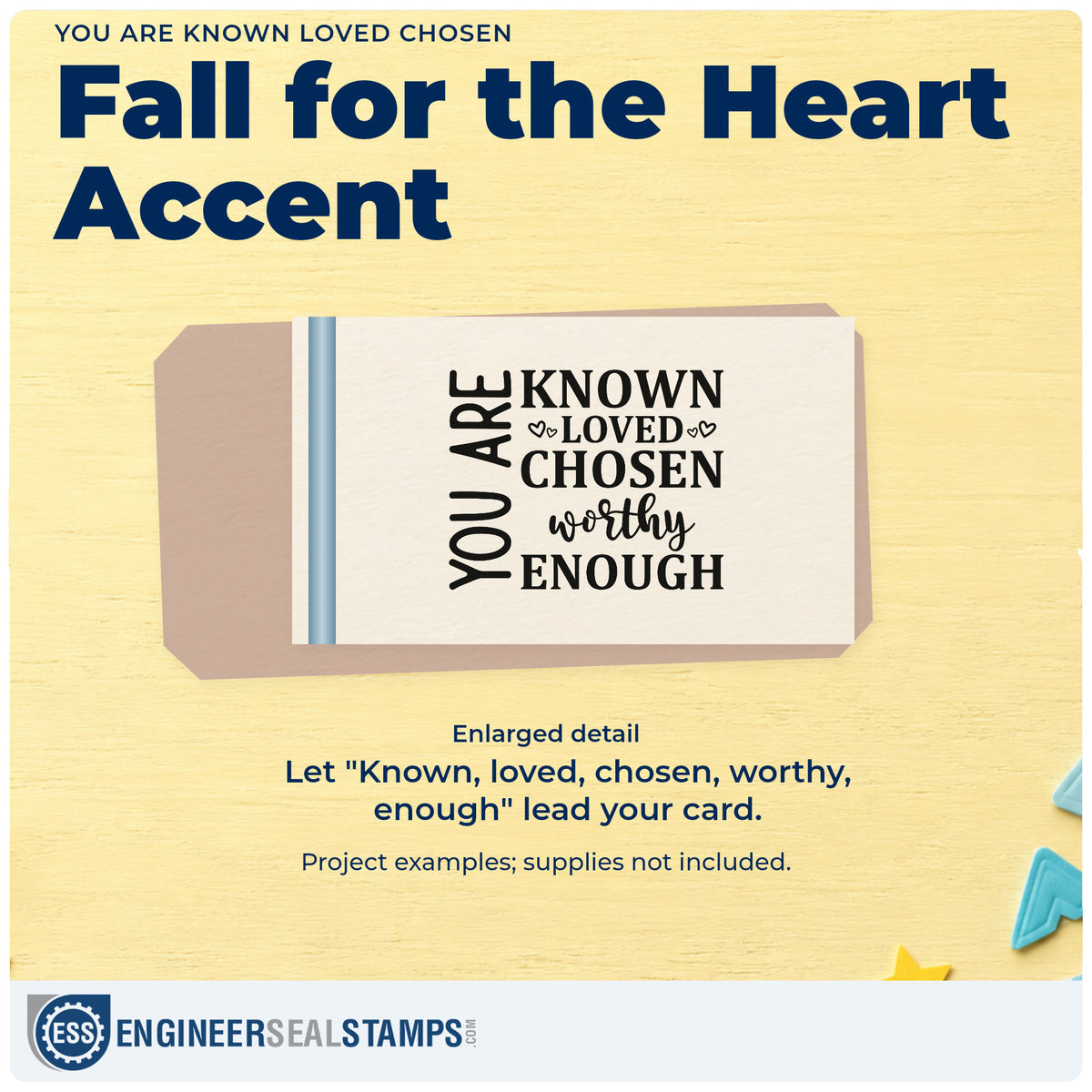 Enlarged detail of the You Are Known Loved Chosen Rubber Stamp – Duo Hand imprint. Vertical "You are" lettering accompanies "Known, loved, chosen, worthy, enough," with small hearts.