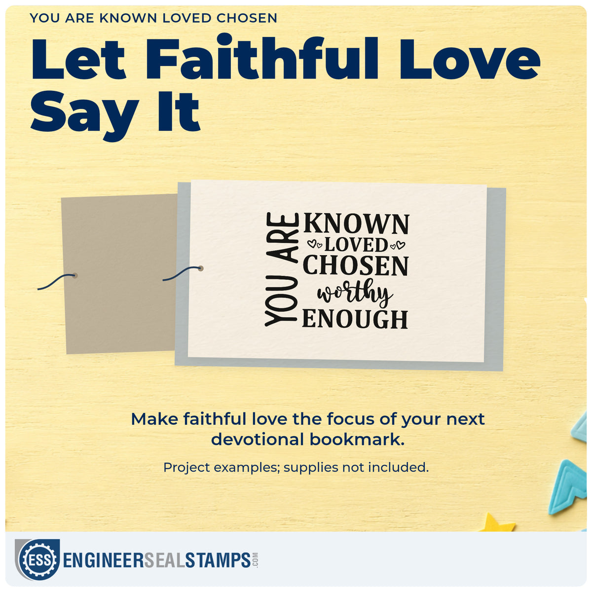 A finished handmade project stamped with the You Are Known Loved Chosen PSI Pre-Inked Stamp, ideal for foster welcome kits.