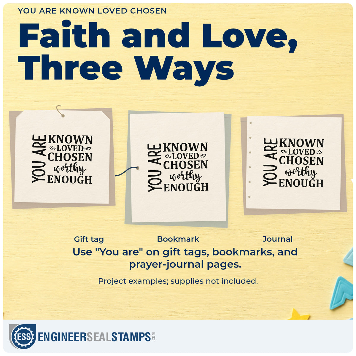 Three project examples made with the You Are Known Loved Chosen Stamp – Self-Inking, including school photo pages.