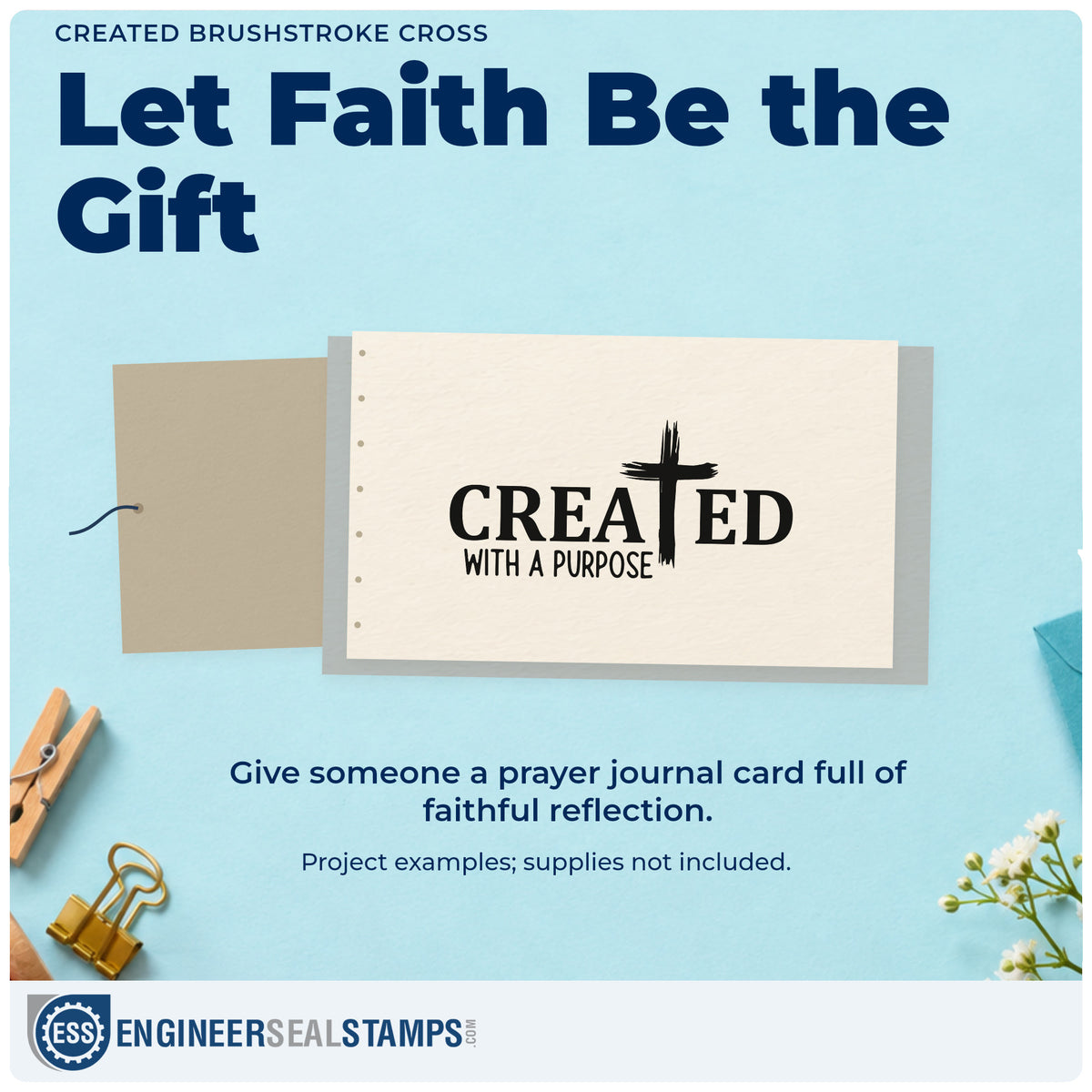 A finished handmade project stamped with the Created Brushstroke Cross Wood Handle Stamp, ideal for graduation gift tags.
