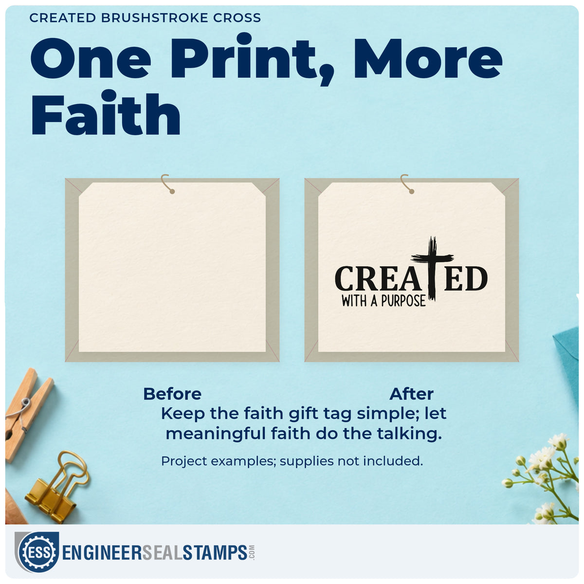 Before and after of a plain item finished with the Created Brushstroke Cross Slim Pre-Inked Stamp, a quick upgrade for special needs welcomes.