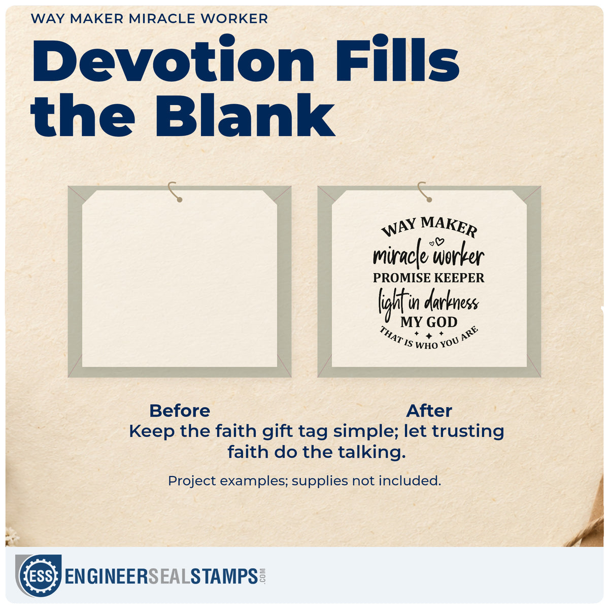 Before and after of a plain item finished with the Way Maker Miracle Worker Rubber Stamp – Wood Handle, a quick upgrade for moving day cards.