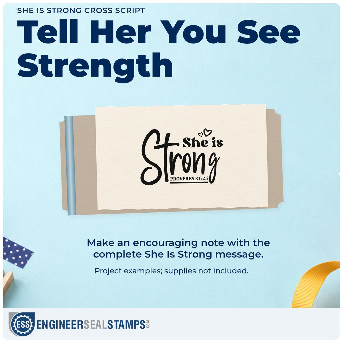A finished handmade project stamped with the She Is Strong Cross Script Lettering Self-Inking Stamp, ideal for mother's day gifts.