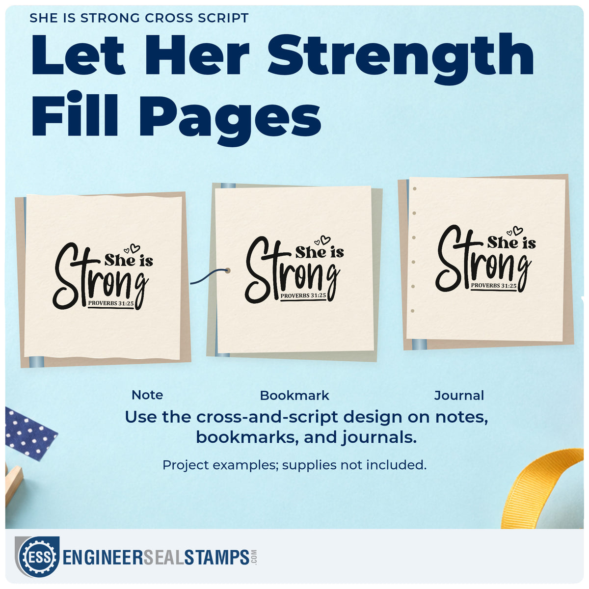 Three project examples made with the She Is Strong Cross Script Lettering Stamp - Premium Vintage Pro Wooden, including tribute pages.