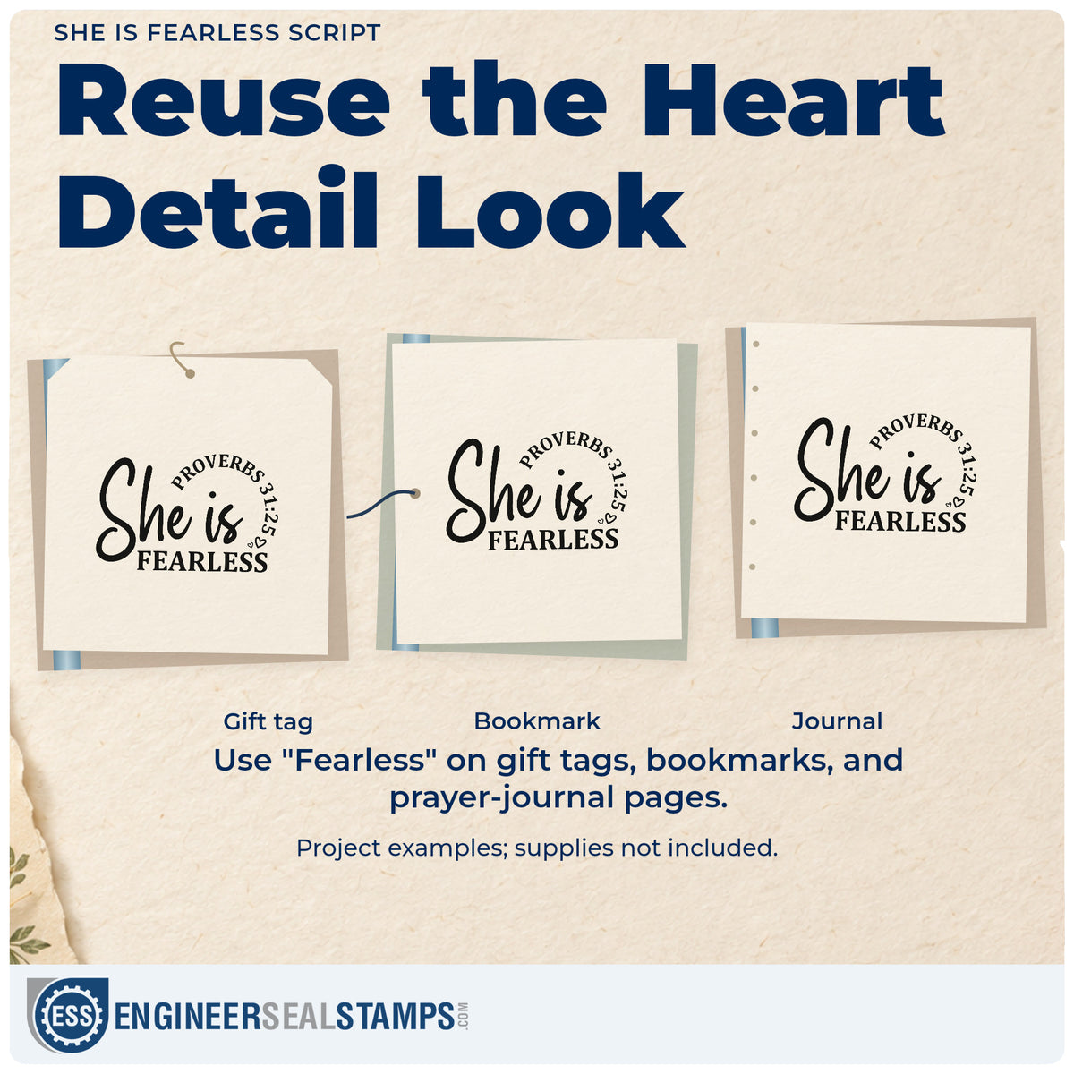 Three project examples made with the She Is Fearless Script Stamp – Self-Inking, including brave girl pages.