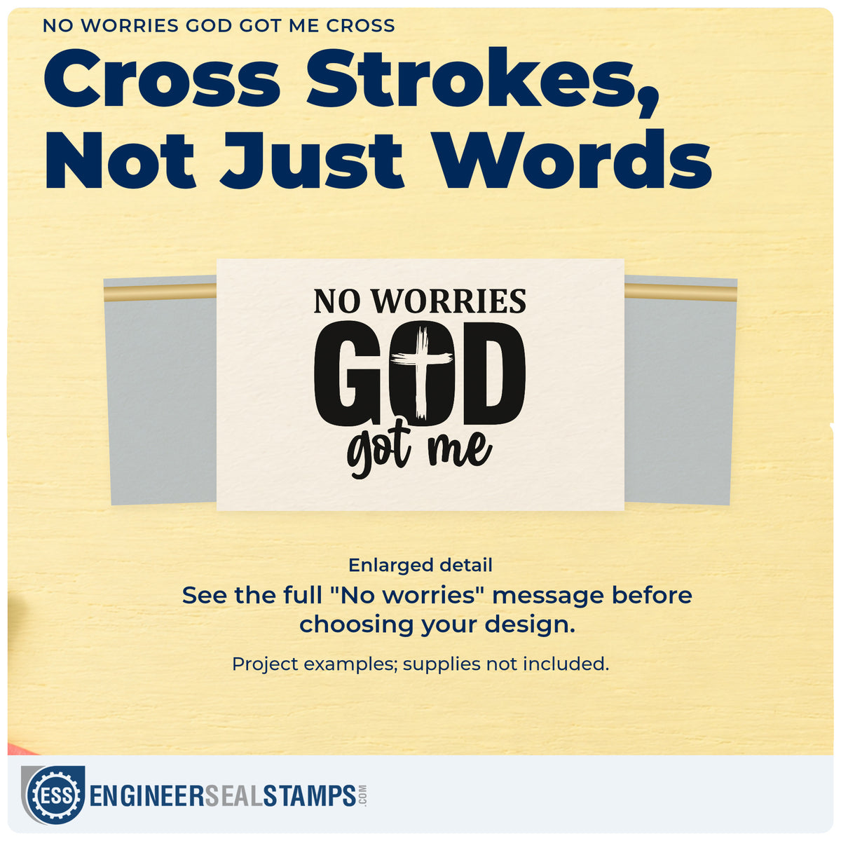 Enlarged detail of the God Got Me No Worries Cross Hand Stamp – Duo imprint. A white brushstroke cross fills the O in "God," beneath "No worries" and above "Got me."