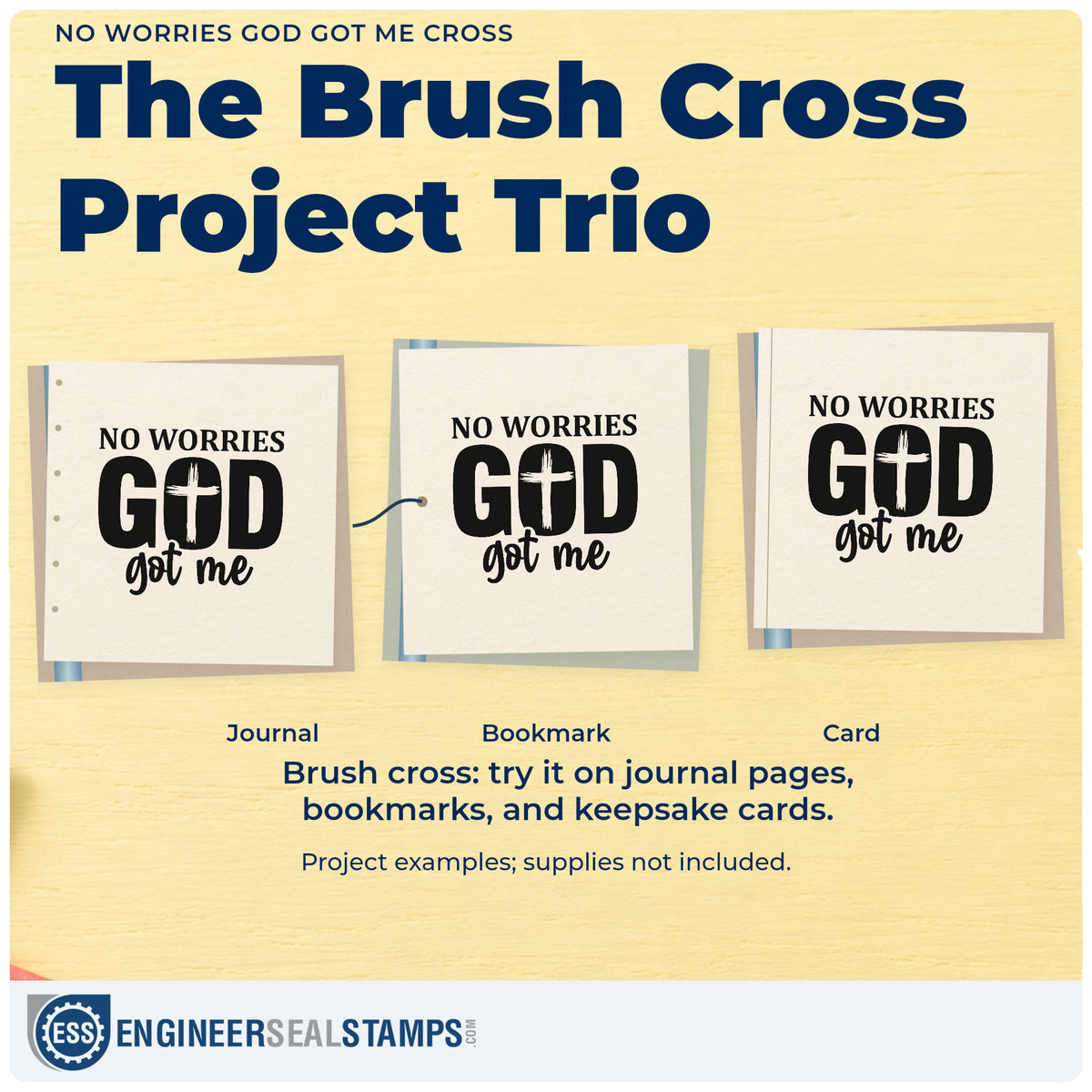 Three project examples made with the God Got Me No Worries Cross Premium Wood-Mounted Stamp - Vintage Pro, including carefree pages.