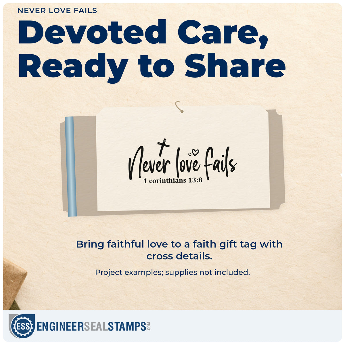 A finished handmade project stamped with the Never Love Fails Scripture Word Art Rubber Stamp – Wood Handle, ideal for anniversary gifts.