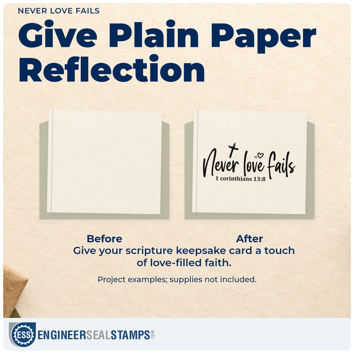 Before and after of a plain item finished with the Never Love Fails Scripture Word Art Stamp - Premium Vintage Pro Wooden, a quick upgrade for ring box labels.