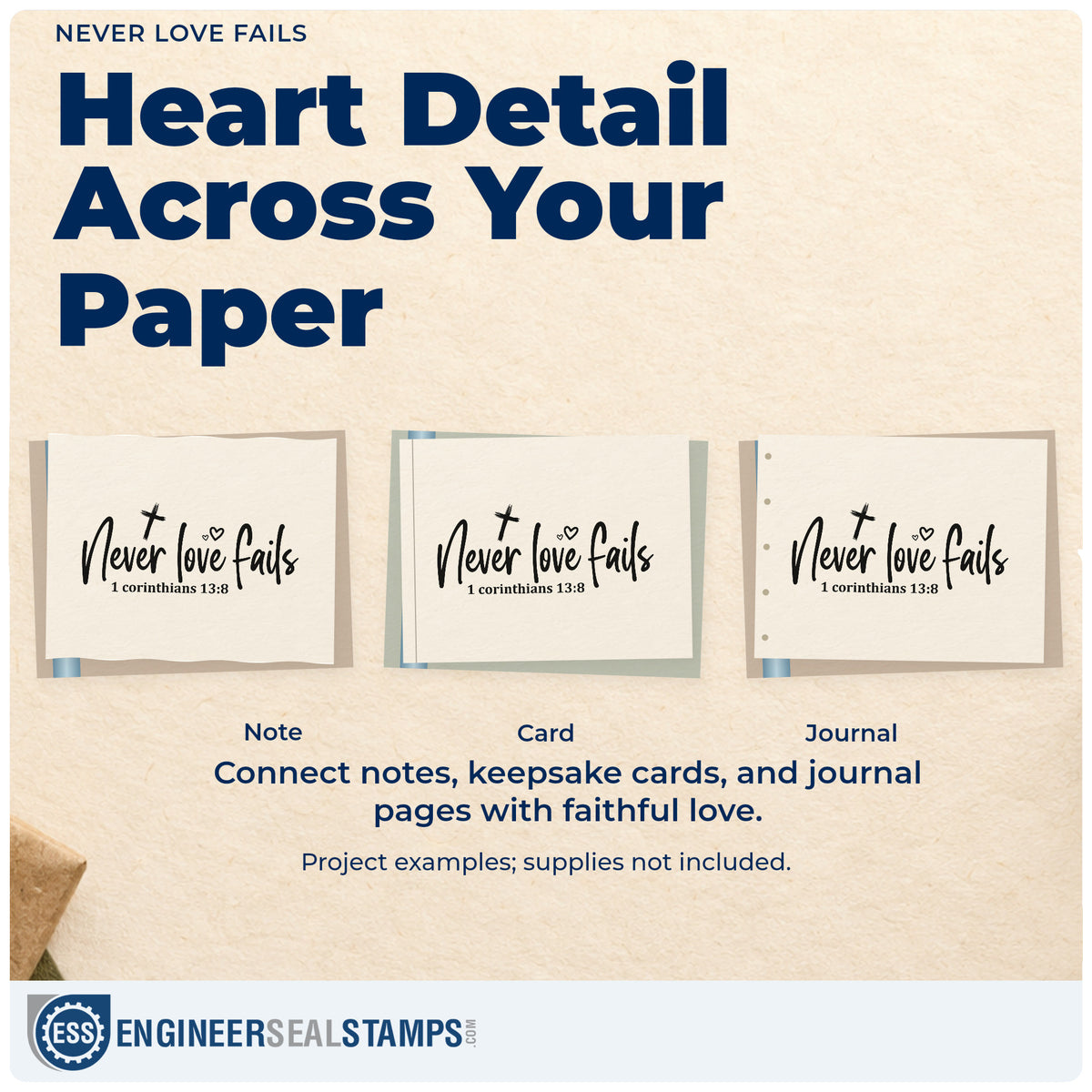 Three project examples made with the Never Love Fails Scripture Word Art Rubber Stamp – Wood Handle, including wedding album pages.