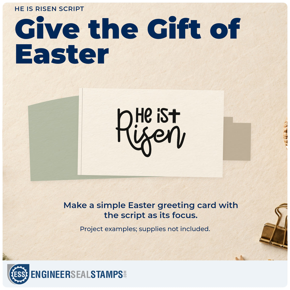 A finished handmade project stamped with the Wood Handle He Is Risen Script Rubber Stamp, ideal for easter basket tags.