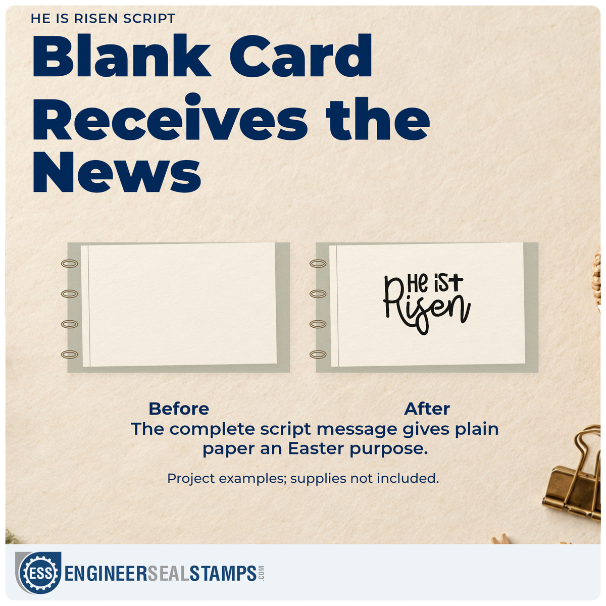 Before and after of a plain item finished with the He Is Risen Script Stamp – Self-Inking, a quick upgrade for sunrise service programs.