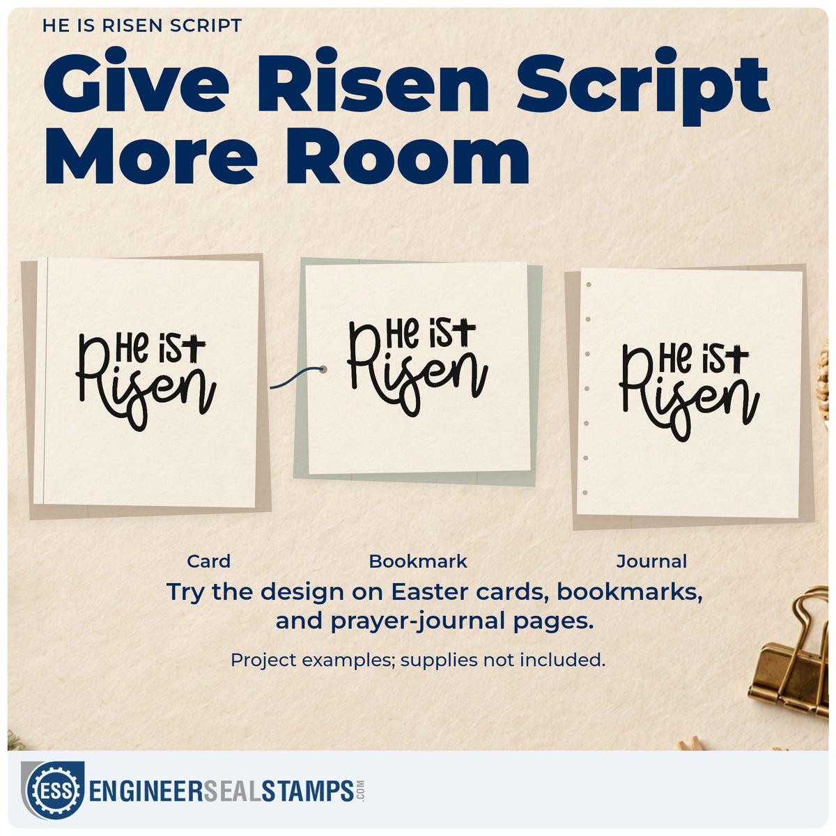 Three project examples made with the Wood Handle He Is Risen Script Rubber Stamp, including easter morning pages.