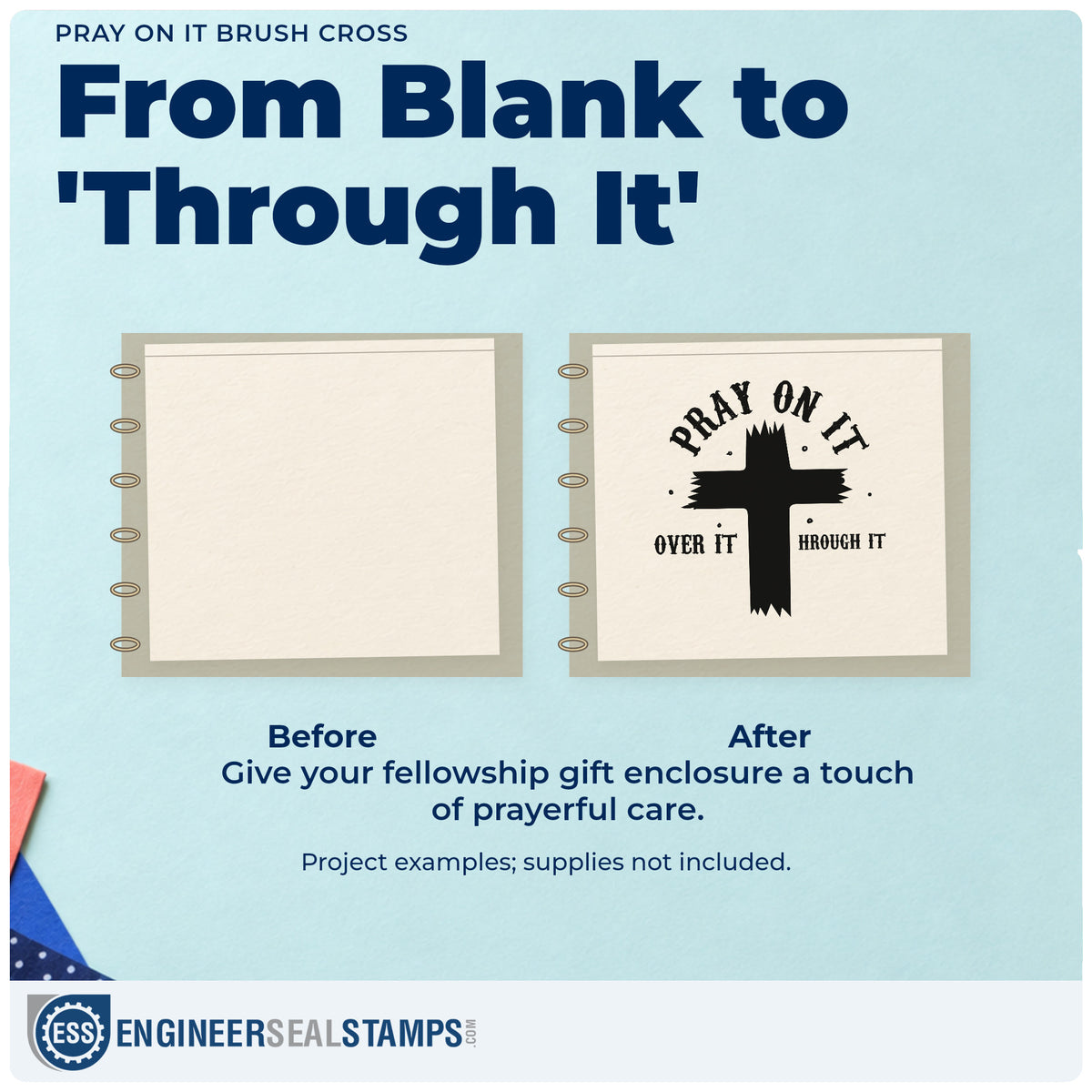 Before and after of a plain item finished with the Pray On It Brush Cross Arch Slim Pre-Inked Stamp, a quick upgrade for men's group gifts.