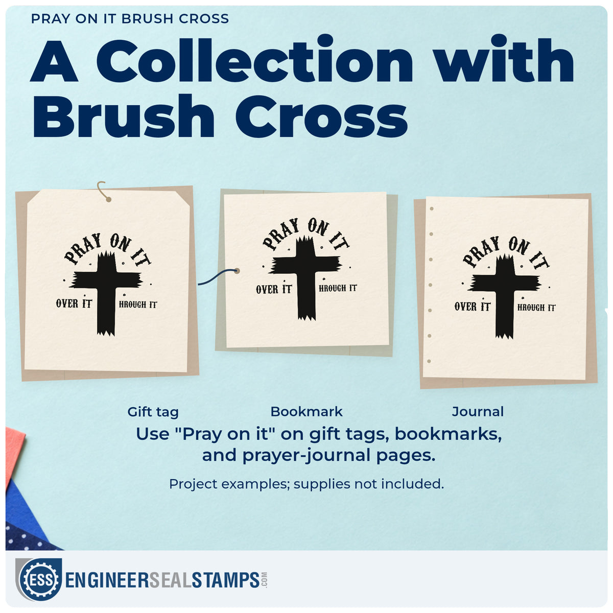 Three project examples made with the Duo Hand Pray On It Brush Cross Arch Rubber Stamp, including decision pages.