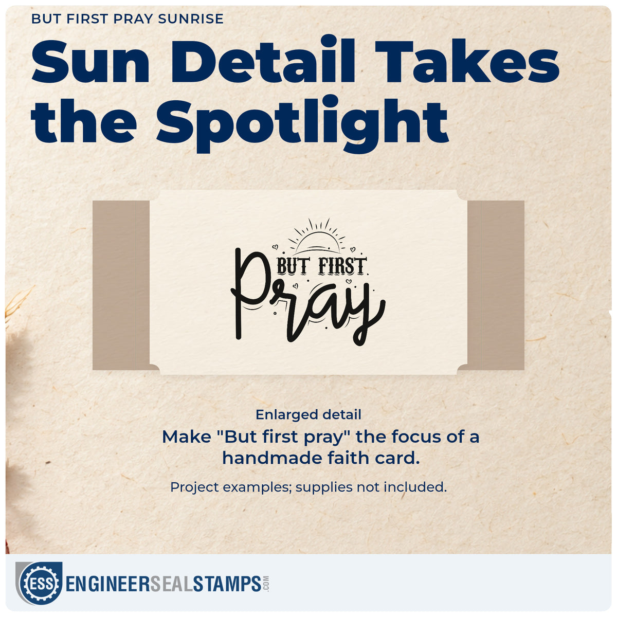 Enlarged detail of the But First Pray Sunrise Hand Stamp – Duo imprint. A small rising sun and hearts accent "But first pray" in bold and flowing lettering.