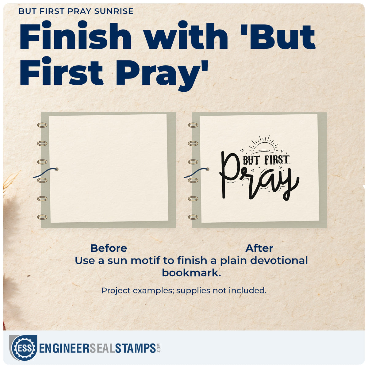Before and after of a plain item finished with the But First Pray Sunrise Stamp – Self-Inking, a quick upgrade for alarm clock notes.