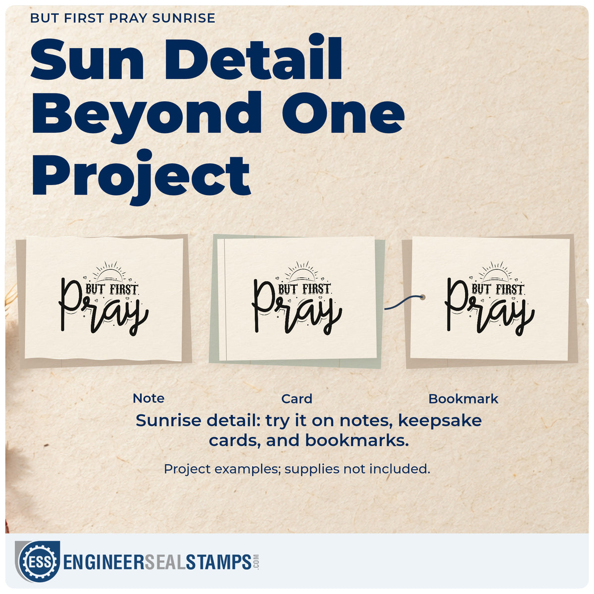 Three project examples made with the But First Pray Sunrise Premium Wood-Mounted Stamp - Vintage Pro, including morning pages.