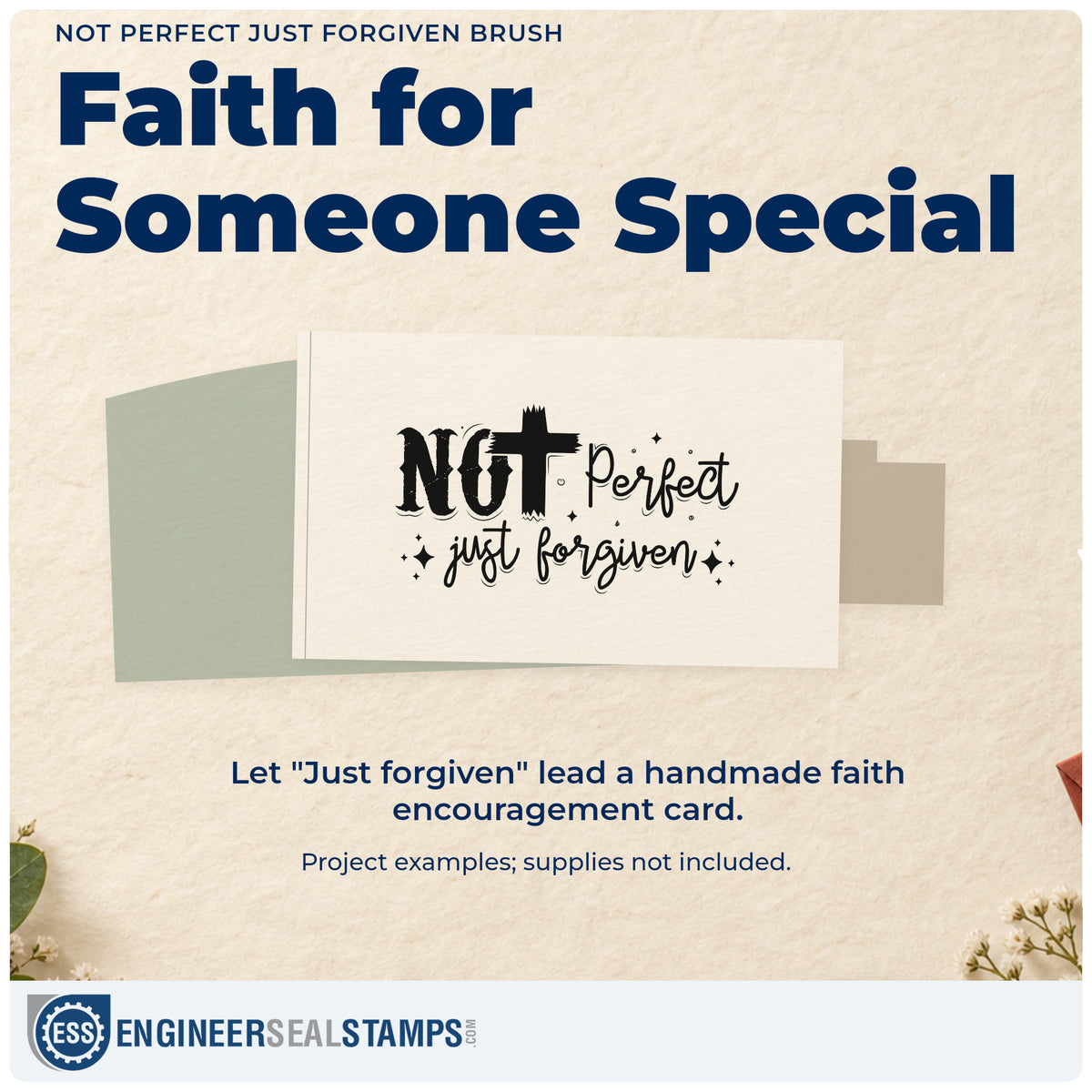 A finished handmade project stamped with the Not Perfect Just Forgiven Brush Brushstroke Cross Rubber Stamp – Duo Hand, ideal for recovery gift tags.