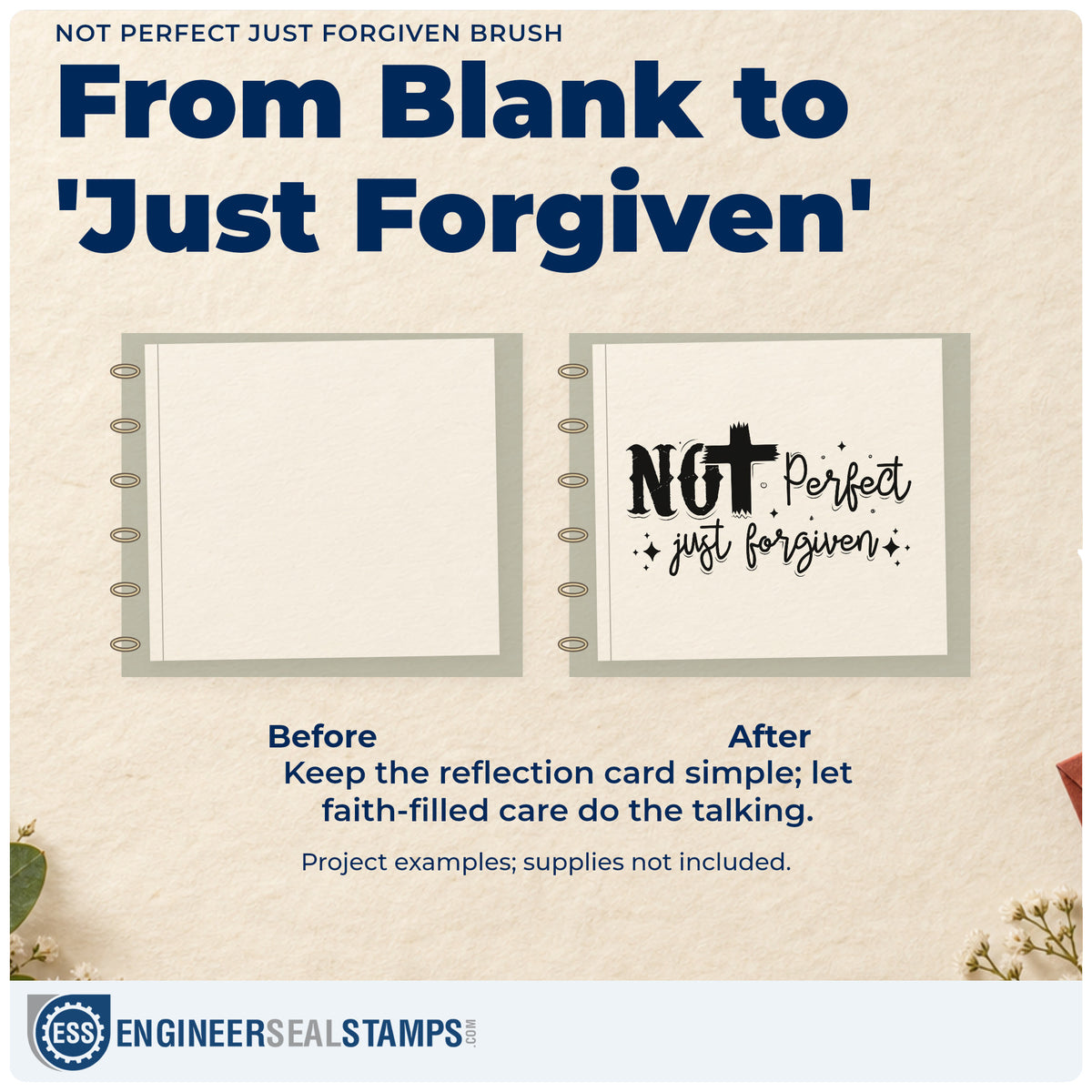 Before and after of a plain item finished with the Not Perfect Just Forgiven Brush Brushstroke Cross Stamp - Premium Vintage Pro Wooden, a quick upgrade for reentry welcome kits.
